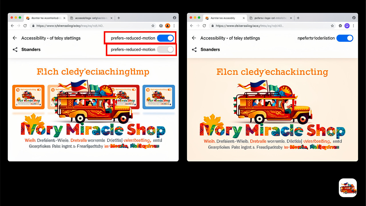 Website display with and without prefers-reduced-motion accessibility setting enabled