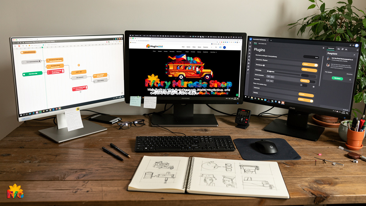 Developer workspace with multiple monitors showing WordPress animation tools