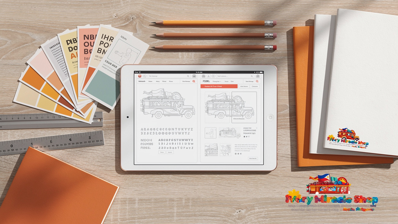 Design workspace with color swatches, typography samples, and wireframing tools